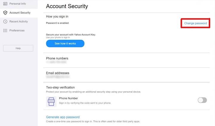 how to change password on yahoo mail