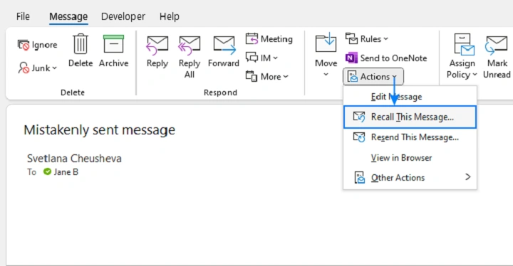 outlook recall email