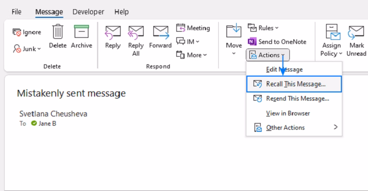 outlook recall an email
